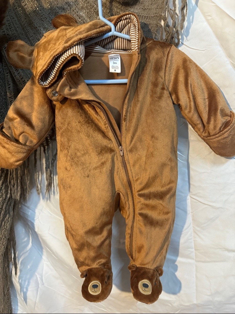 Carter's Brown Plush Bear Hooded Baby One-Piece Footed Romper